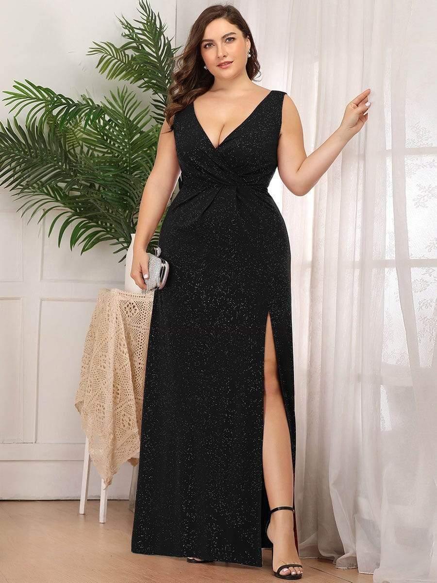 Shiny V Neck Floor Length Plus Size Evening Dresses with Side Split - Image 4