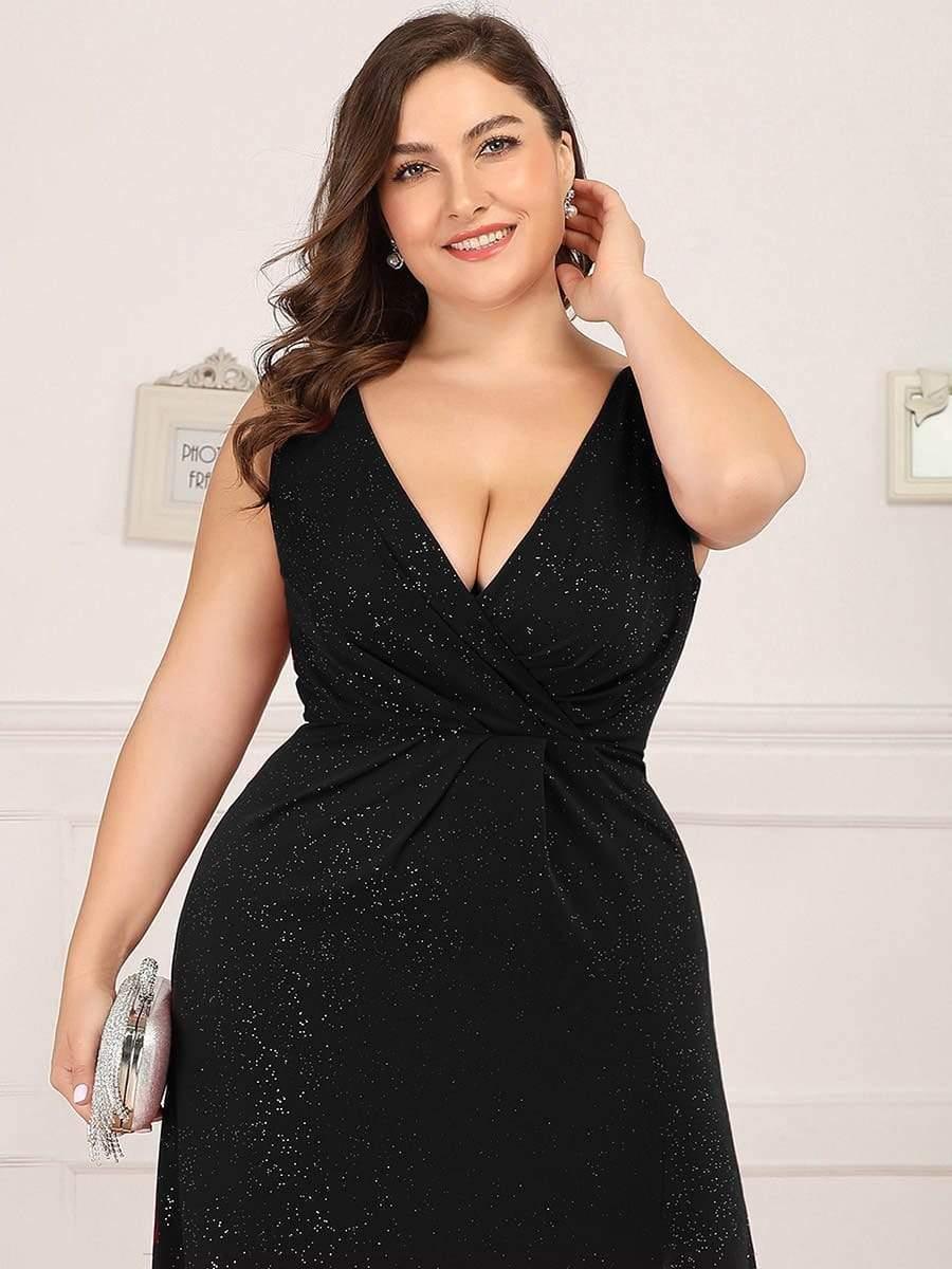 Shiny V Neck Floor Length Plus Size Evening Dresses with Side Split - Image 5