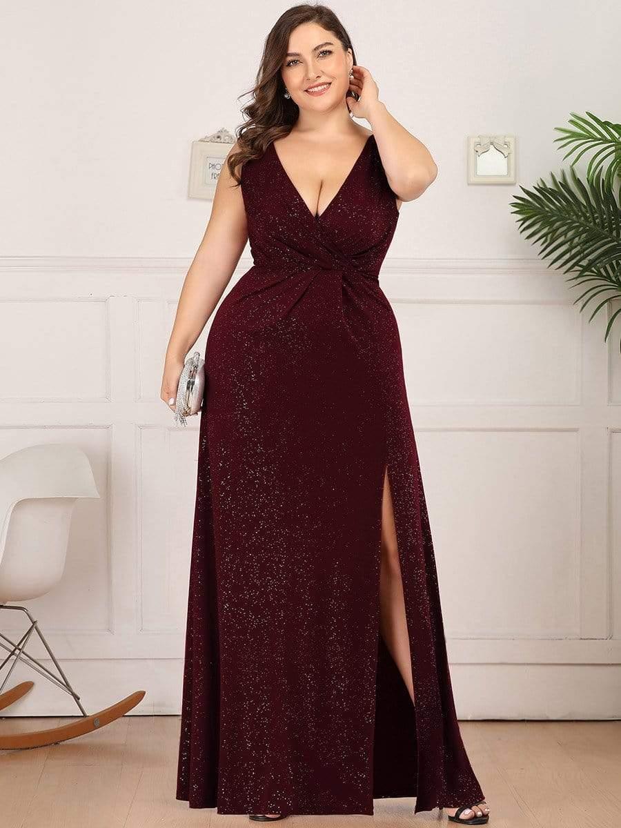 Shiny V Neck Floor Length Plus Size Evening Dresses with Side Split - Image 6