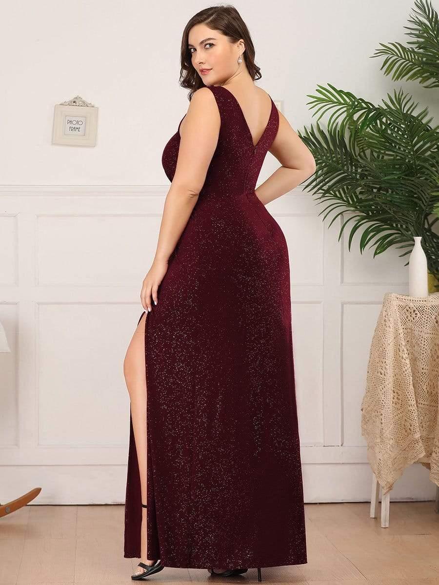 Shiny V Neck Floor Length Plus Size Evening Dresses with Side Split - Image 7