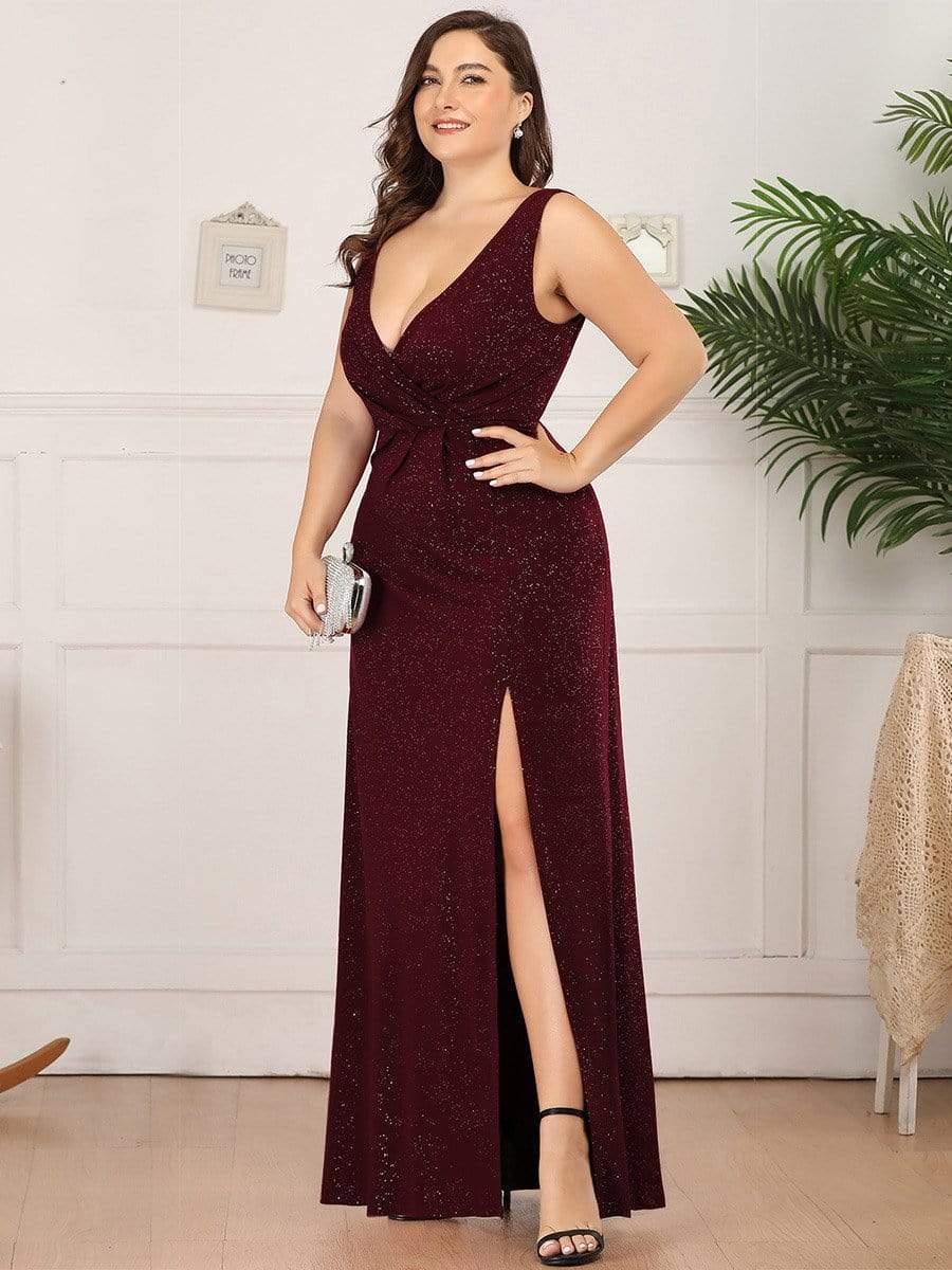 Shiny V Neck Floor Length Plus Size Evening Dresses with Side Split - Image 8