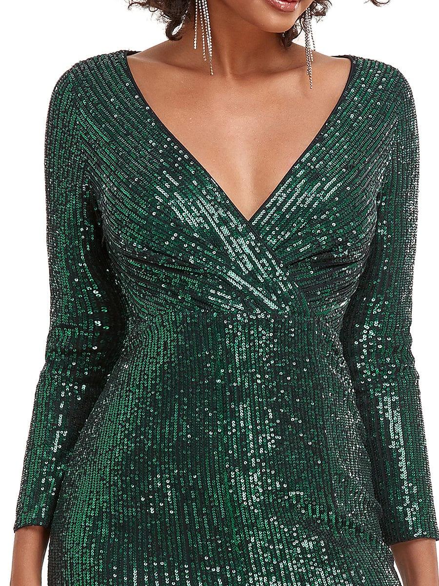ever NYX|Shiny V Neck Sequin Evening Party Dress with Long Sleeve - Image 42