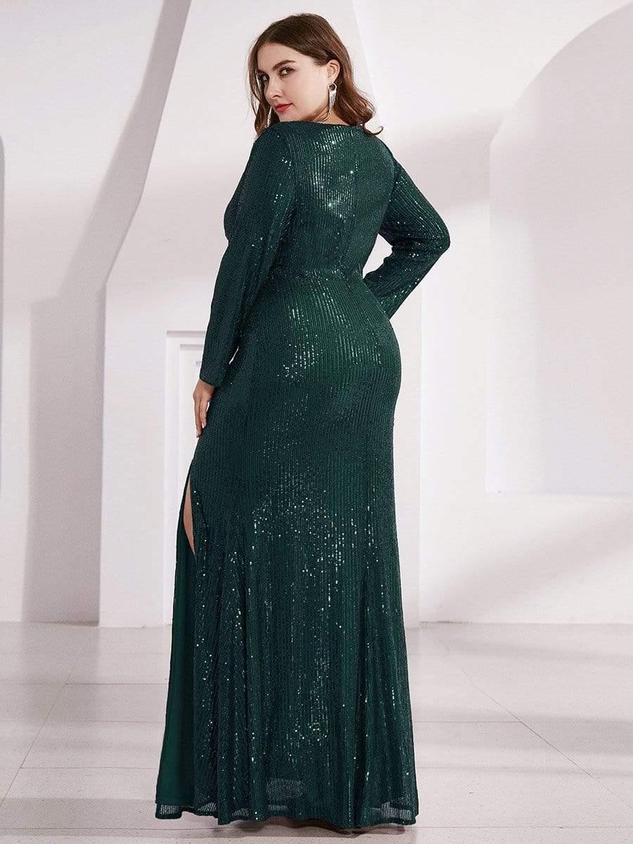ever NYX|Shiny V Neck Sequin Evening Party Dress with Long Sleeve - Image 48