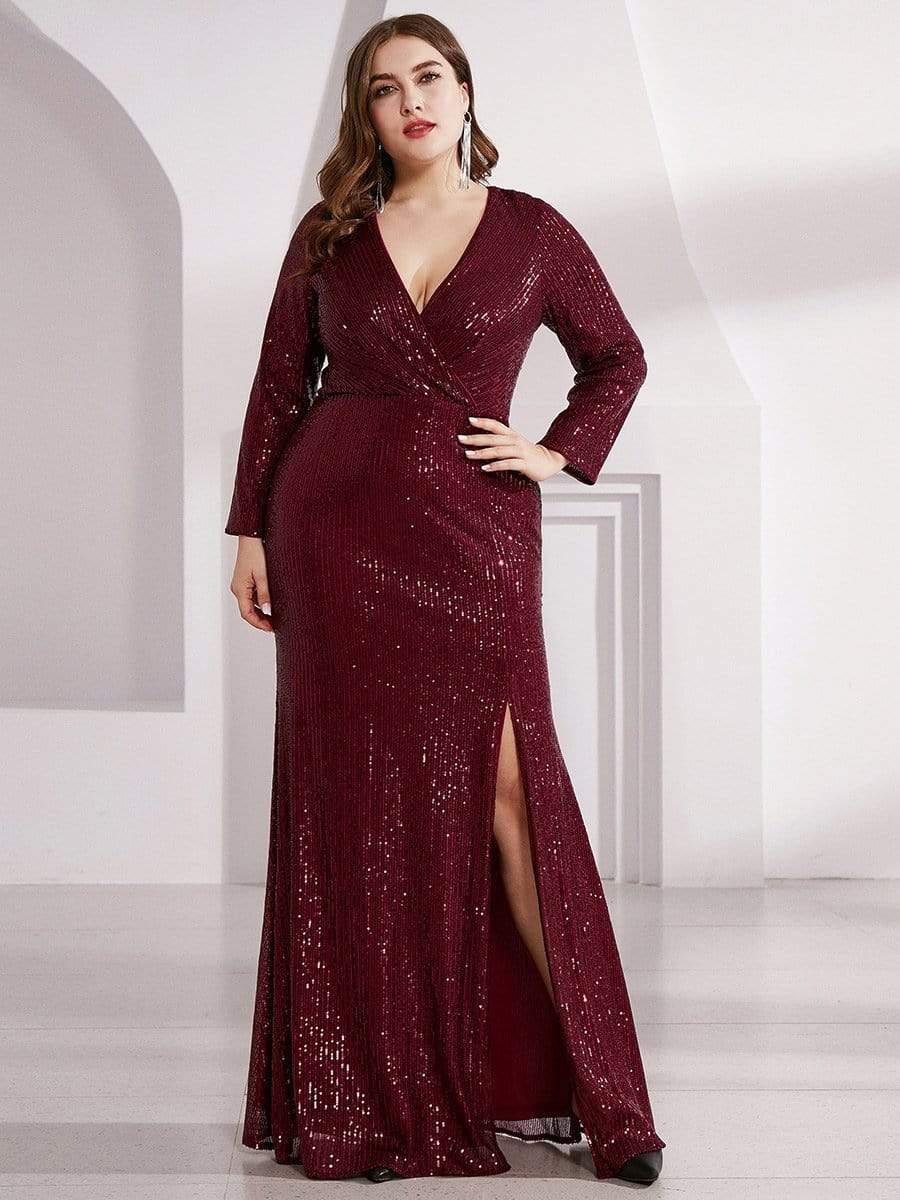 ever NYX|Shiny V Neck Sequin Evening Party Dress with Long Sleeve - Image 6
