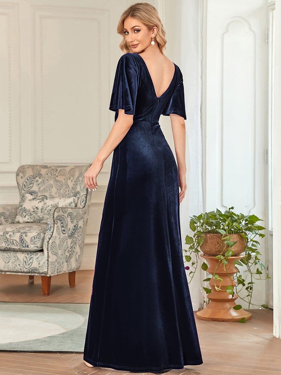 ever REINE|Trendy Double V Neck Velvet Wedding Guest Dress - Image 10