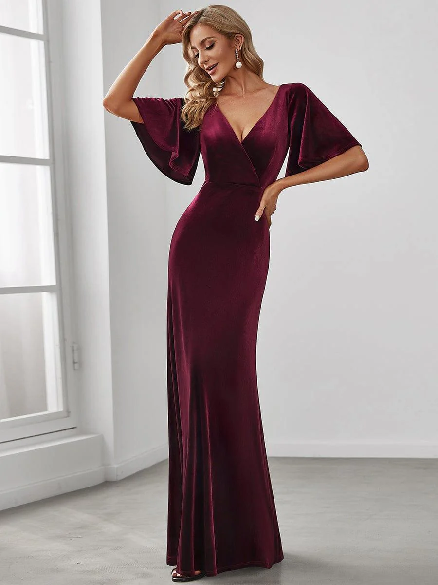 ever REINE|Trendy Double V Neck Velvet Wedding Guest Dress - Image 17