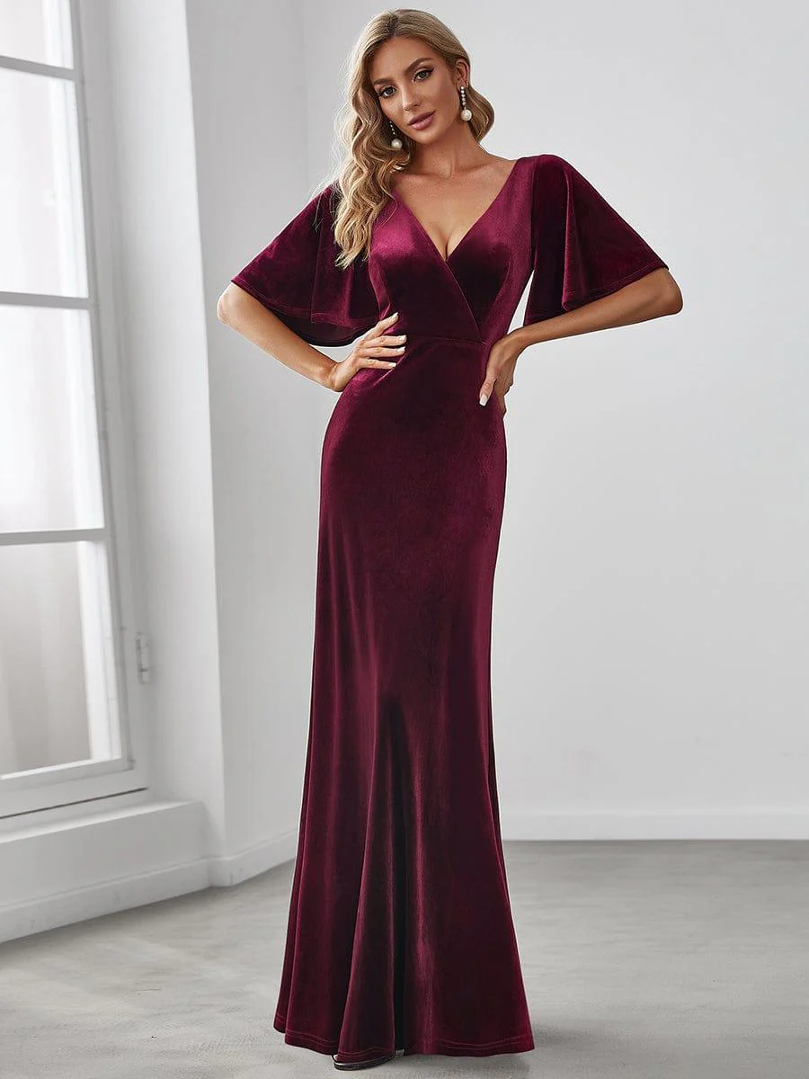 ever REINE|Trendy Double V Neck Velvet Wedding Guest Dress - Image 20