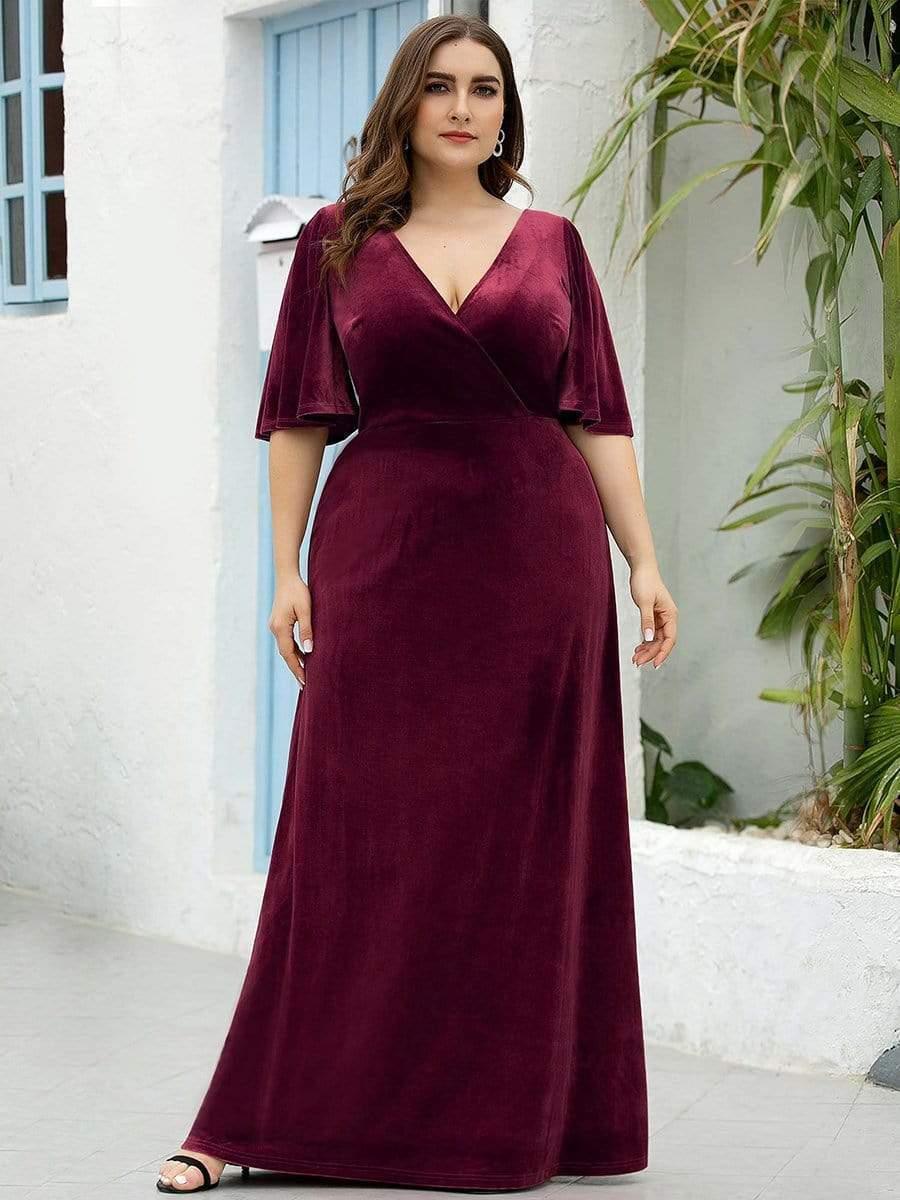 ever REINE|Trendy Double V Neck Velvet Wedding Guest Dress - Image 22
