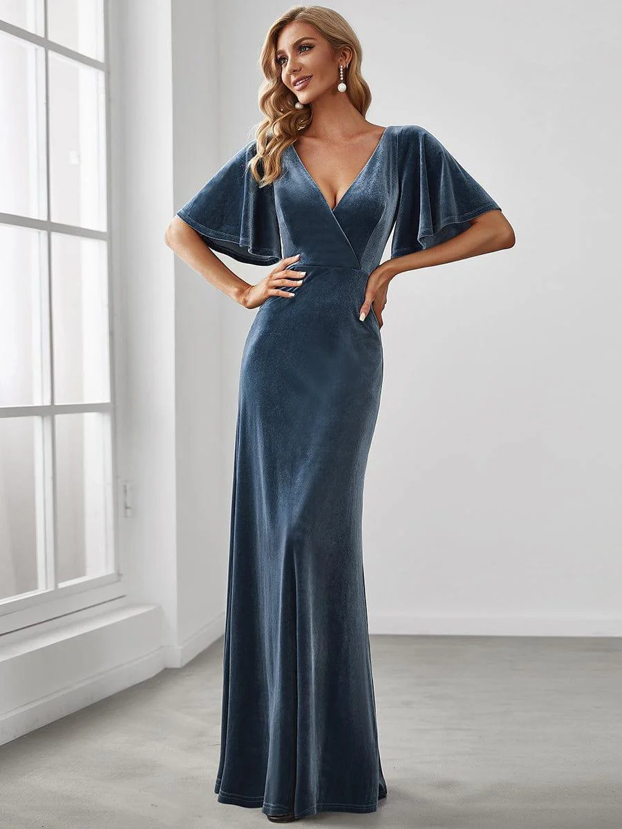 ever REINE|Trendy Double V Neck Velvet Wedding Guest Dress - Image 27