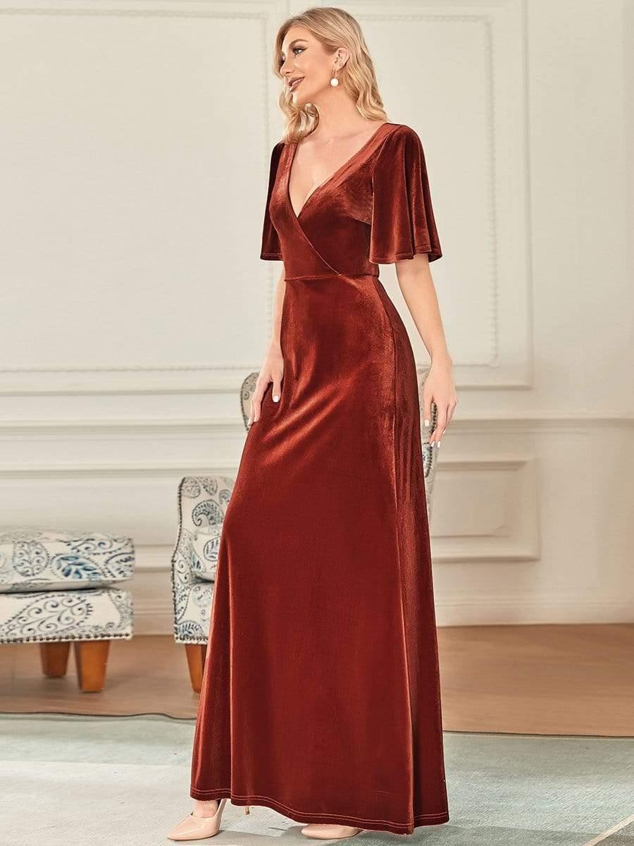 ever REINE|Trendy Double V Neck Velvet Wedding Guest Dress - Image 3