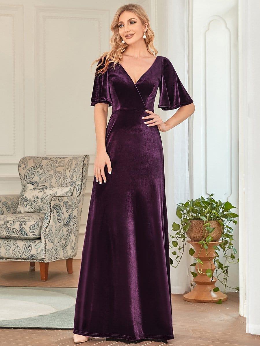 ever REINE|Trendy Double V Neck Velvet Wedding Guest Dress - Image 34
