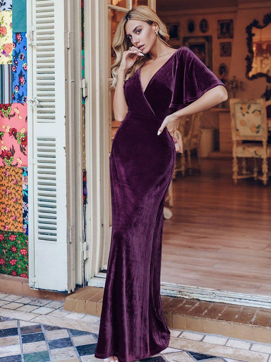 ever REINE|Trendy Double V Neck Velvet Wedding Guest Dress - Image 36