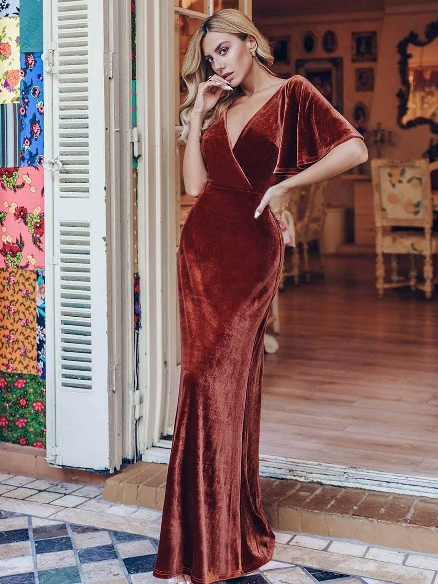 ever REINE|Trendy Double V Neck Velvet Wedding Guest Dress - Image 4