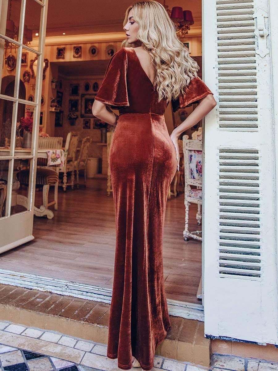 ever REINE|Trendy Double V Neck Velvet Wedding Guest Dress - Image 5