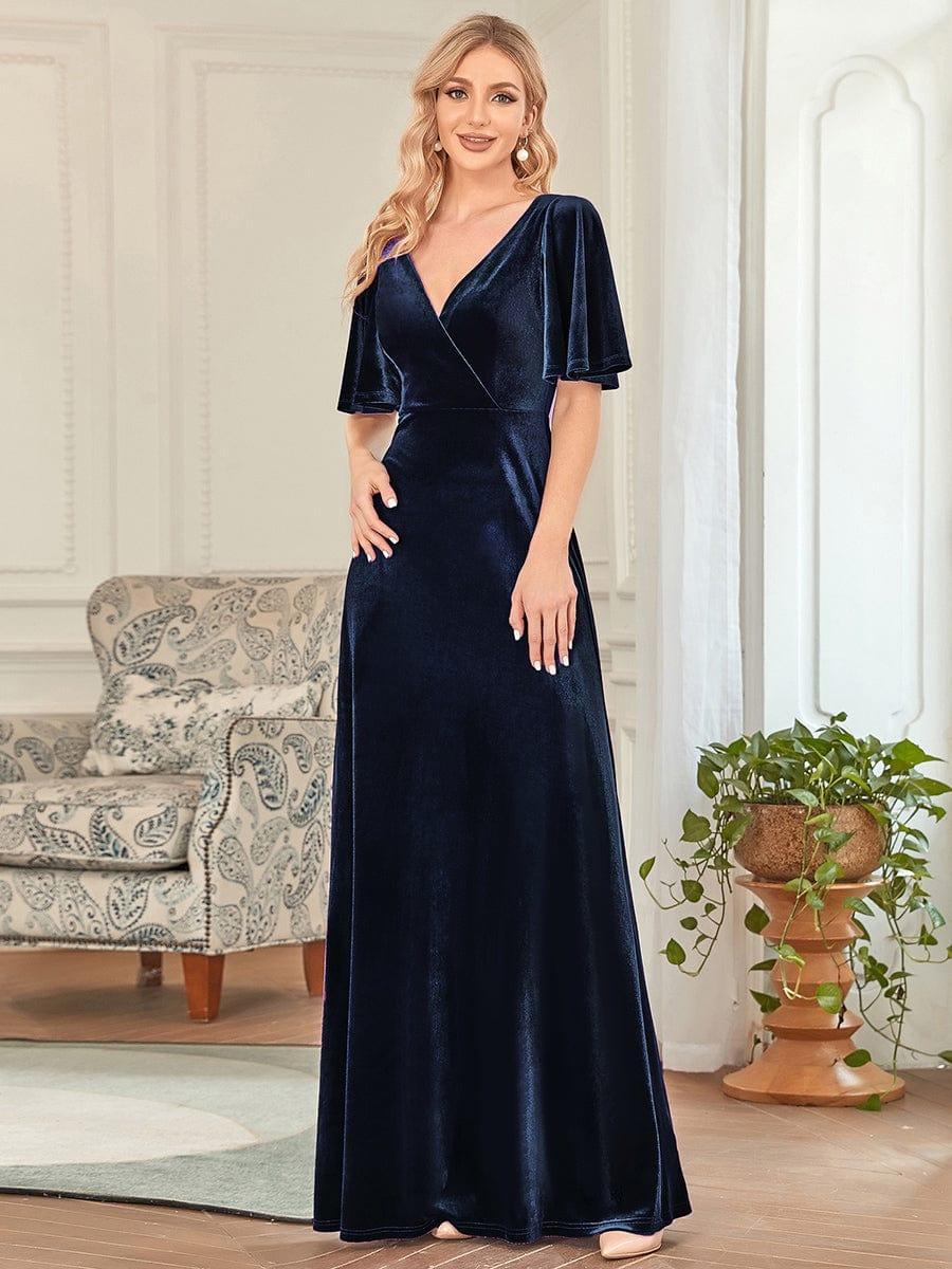 ever REINE|Trendy Double V Neck Velvet Wedding Guest Dress - Image 9