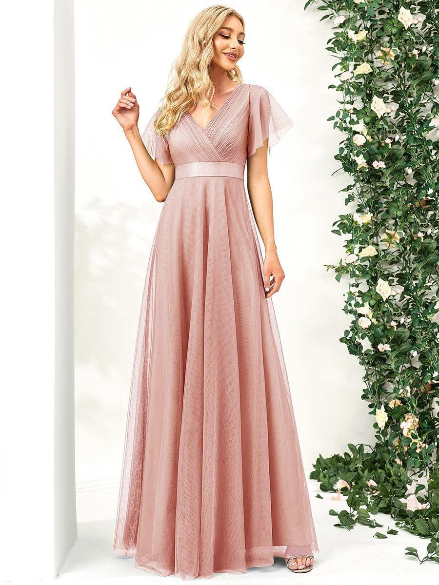 ever MISTE|Women's Double V-Neck Floor-Length Bridesmaid Dress with Short Sleeve - Image 4