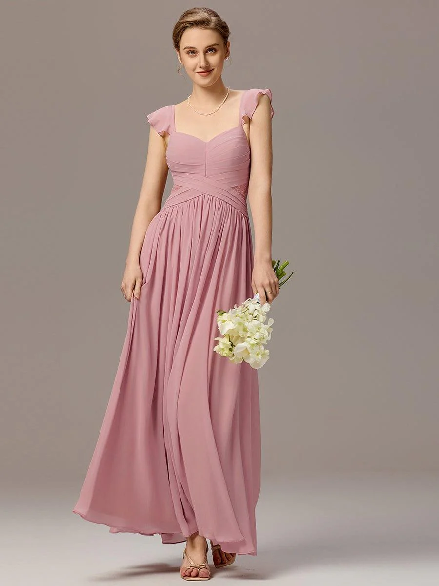 ever BELISSE|Pleated Back-Tie Ruffle Sleeves Maxi Bridesmaid Dress with Lace Details - Image 3