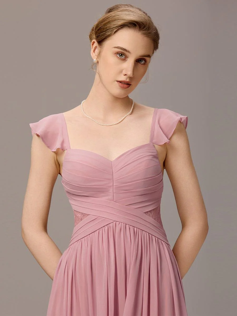 ever BELISSE|Pleated Back-Tie Ruffle Sleeves Maxi Bridesmaid Dress with Lace Details - Image 4