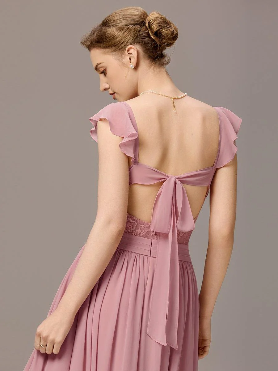 ever BELISSE|Pleated Back-Tie Ruffle Sleeves Maxi Bridesmaid Dress with Lace Details - Image 5