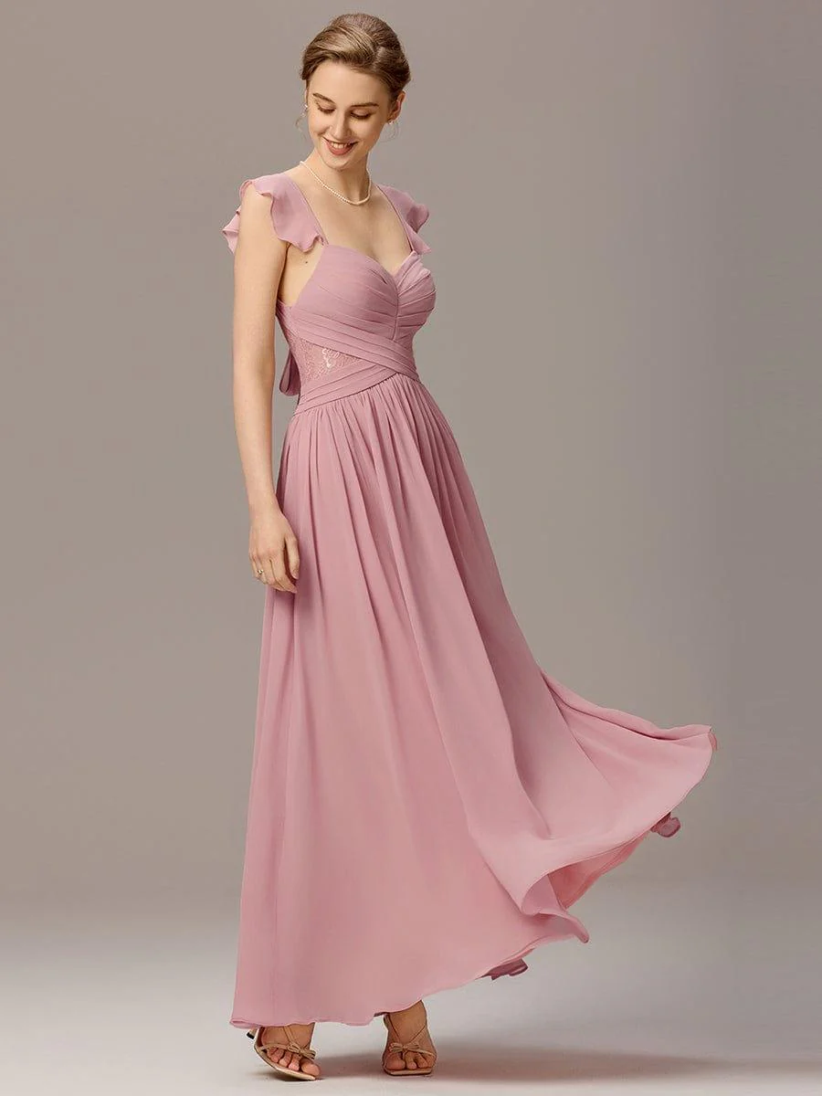 ever BELISSE|Pleated Back-Tie Ruffle Sleeves Maxi Bridesmaid Dress with Lace Details - Image 6