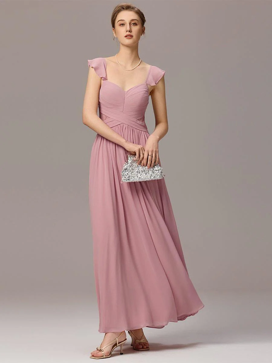 ever BELISSE|Pleated Back-Tie Ruffle Sleeves Maxi Bridesmaid Dress with Lace Details - Image 7