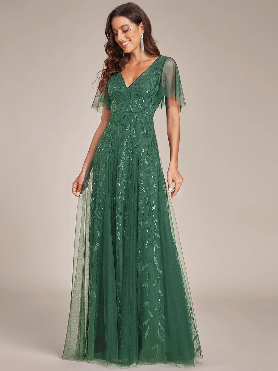 ever ASTRAL|Romantic Shimmery V Neck Ruffle Sleeves Maxi Long Evening Gowns - Image 164