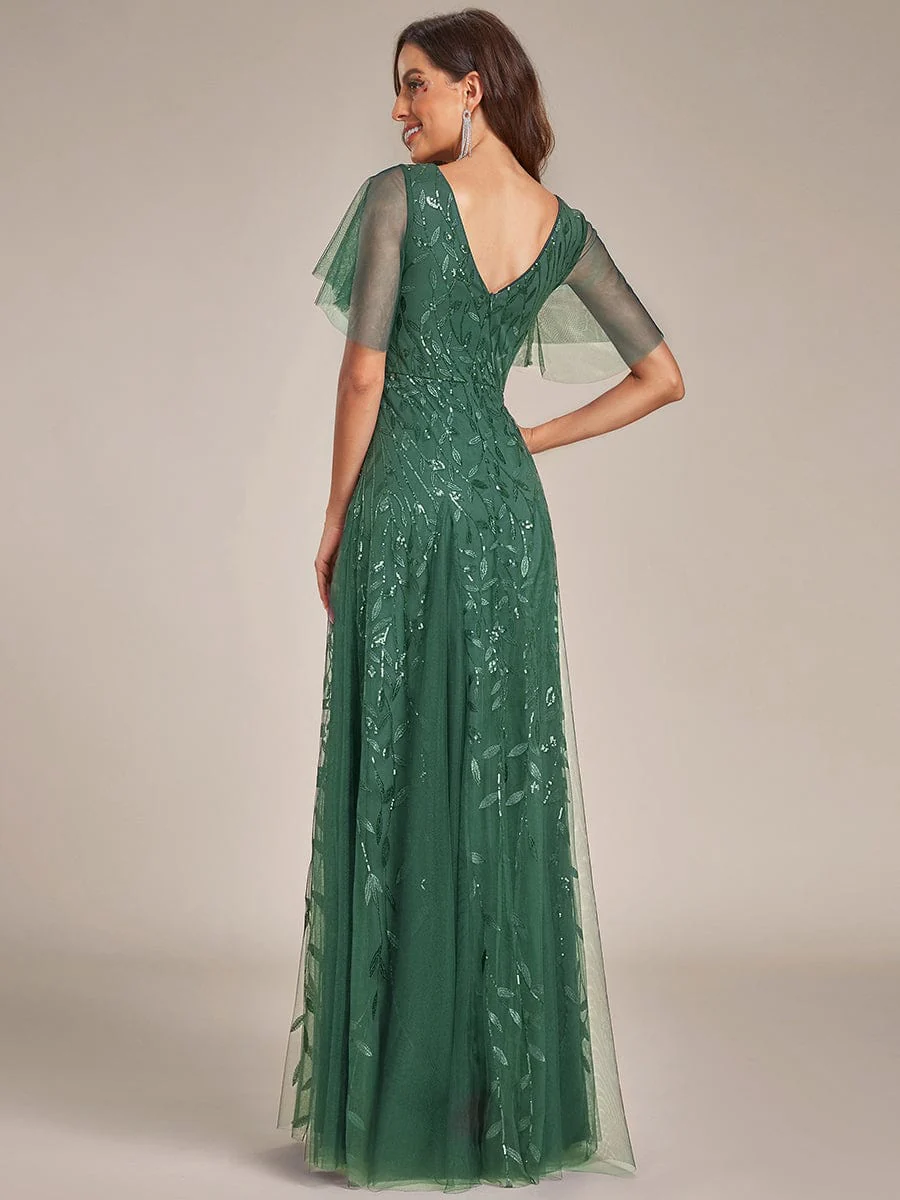 ever ASTRAL|Romantic Shimmery V Neck Ruffle Sleeves Maxi Long Evening Gowns - Image 165