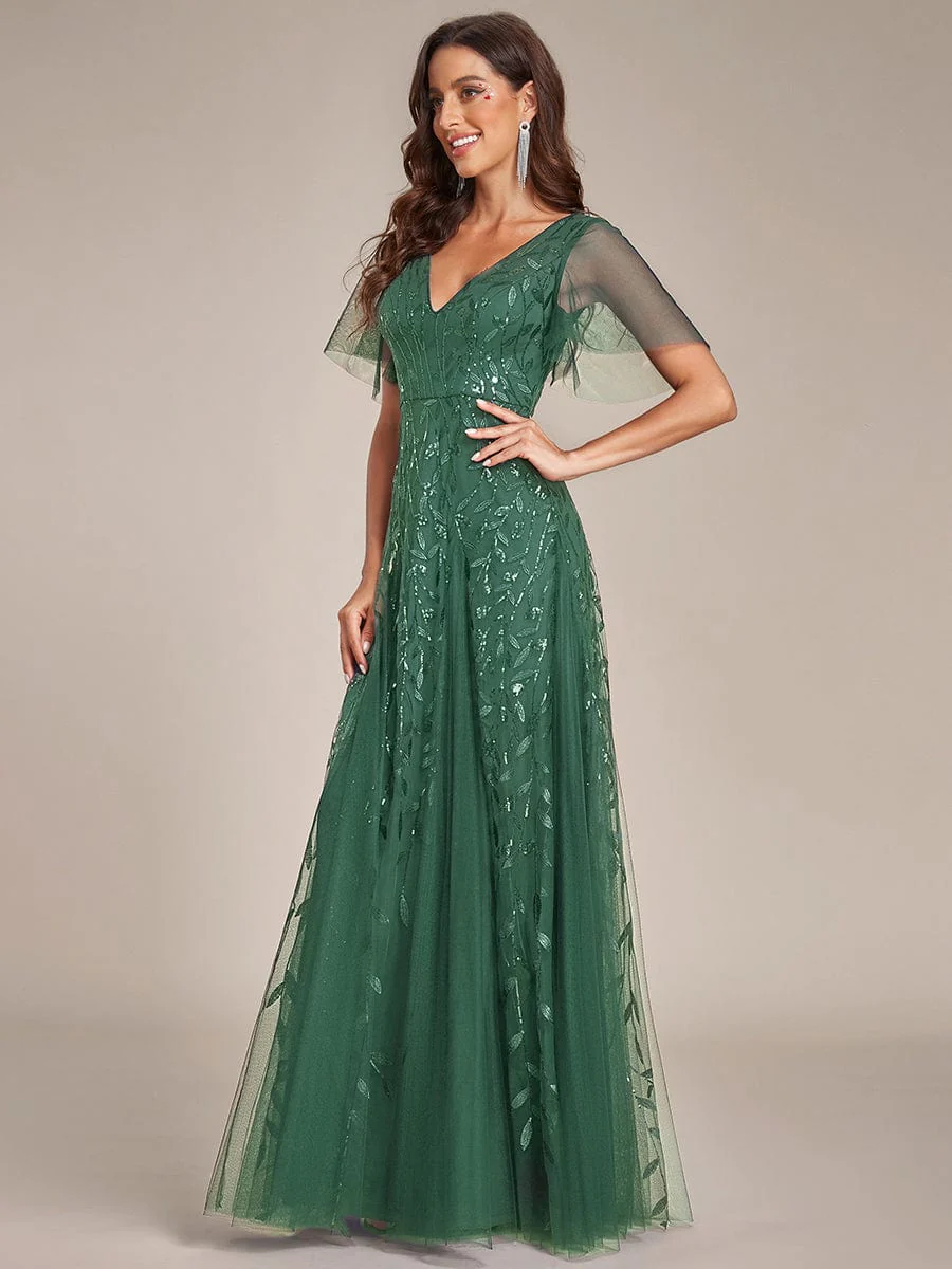 ever ASTRAL|Romantic Shimmery V Neck Ruffle Sleeves Maxi Long Evening Gowns - Image 167