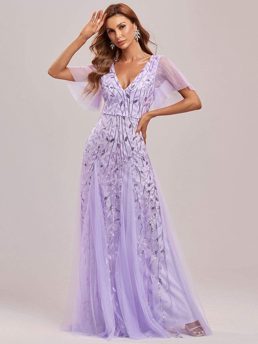 ever ASTRAL|Romantic Shimmery V Neck Ruffle Sleeves Maxi Long Evening Gowns - Image 28