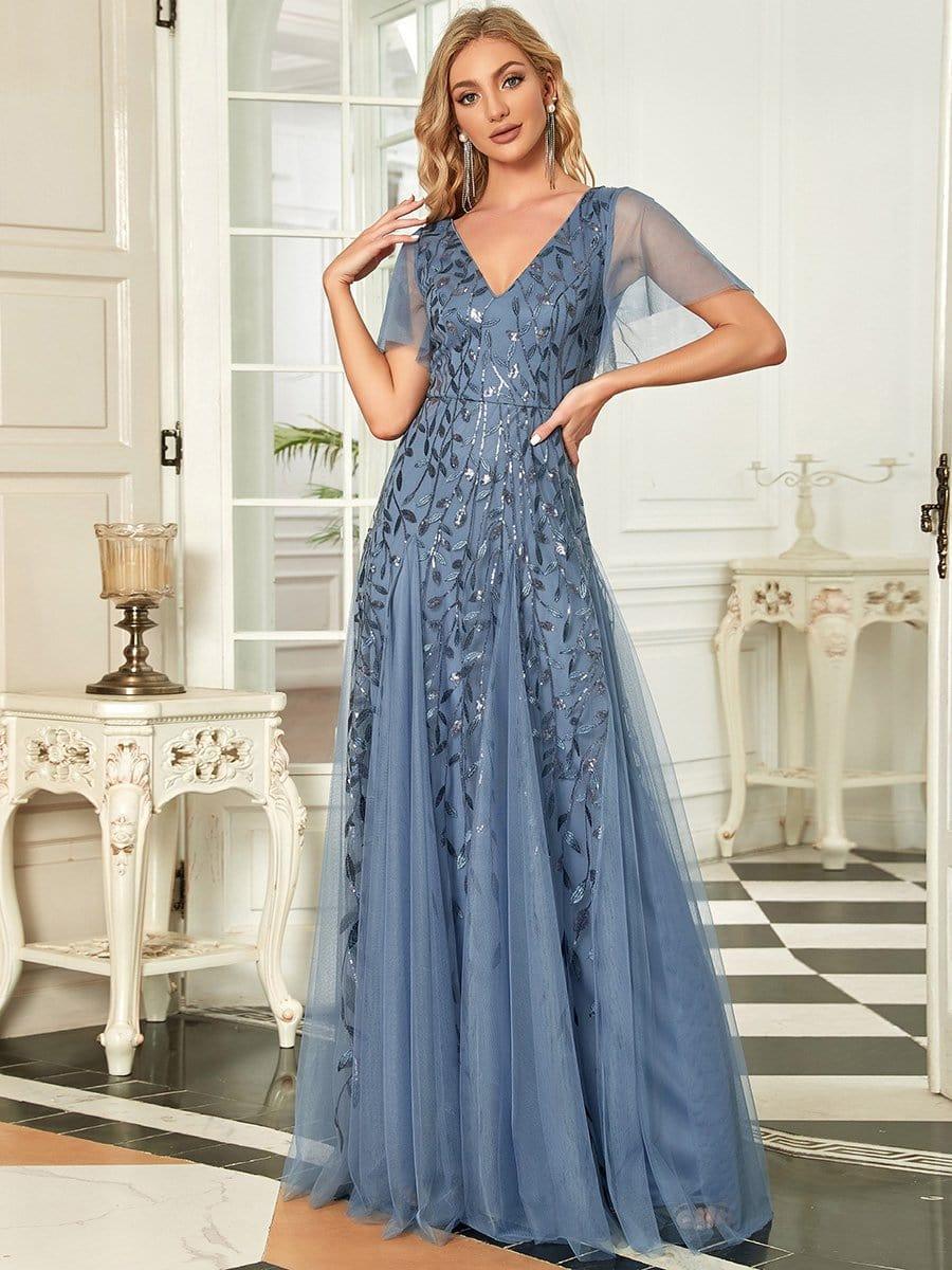 ever ASTRAL|Romantic Shimmery V Neck Ruffle Sleeves Maxi Long Evening Gowns - Image 30