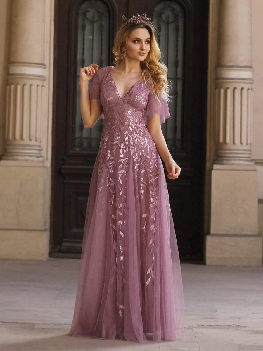 ever ASTRAL|Romantic Shimmery V Neck Ruffle Sleeves Maxi Long Evening Gowns - Image 72