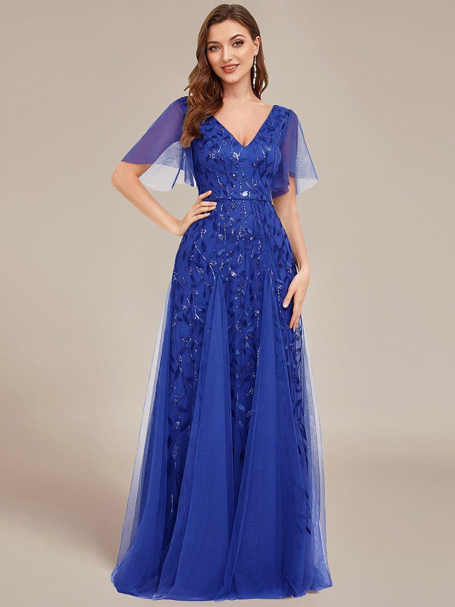 ever ASTRAL|Romantic Shimmery V Neck Ruffle Sleeves Maxi Long Evening Gowns - Image 95