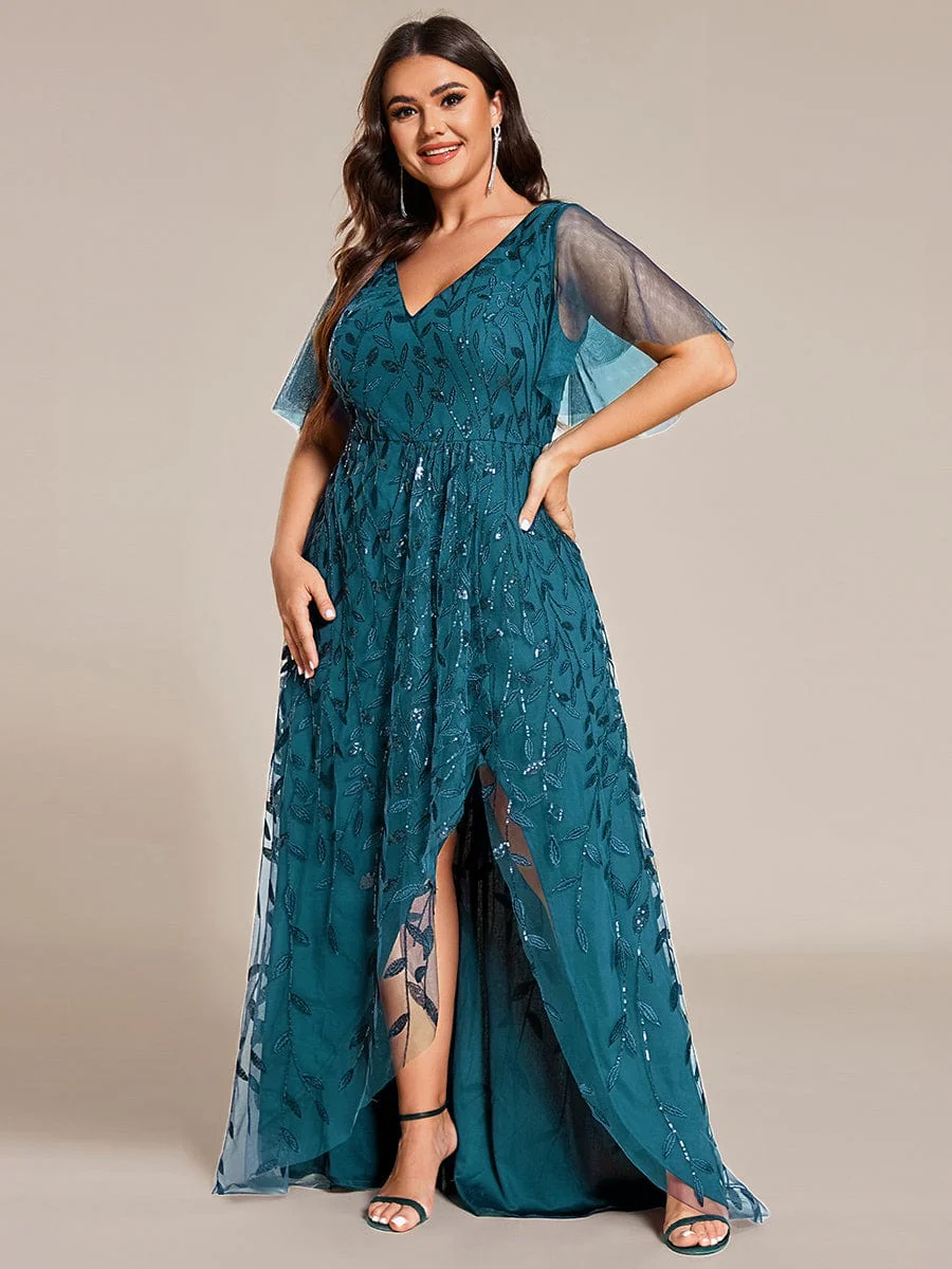pretty ALIX|Plus Size V-Neck High Slit Sequined Evening Dresses - Image 38