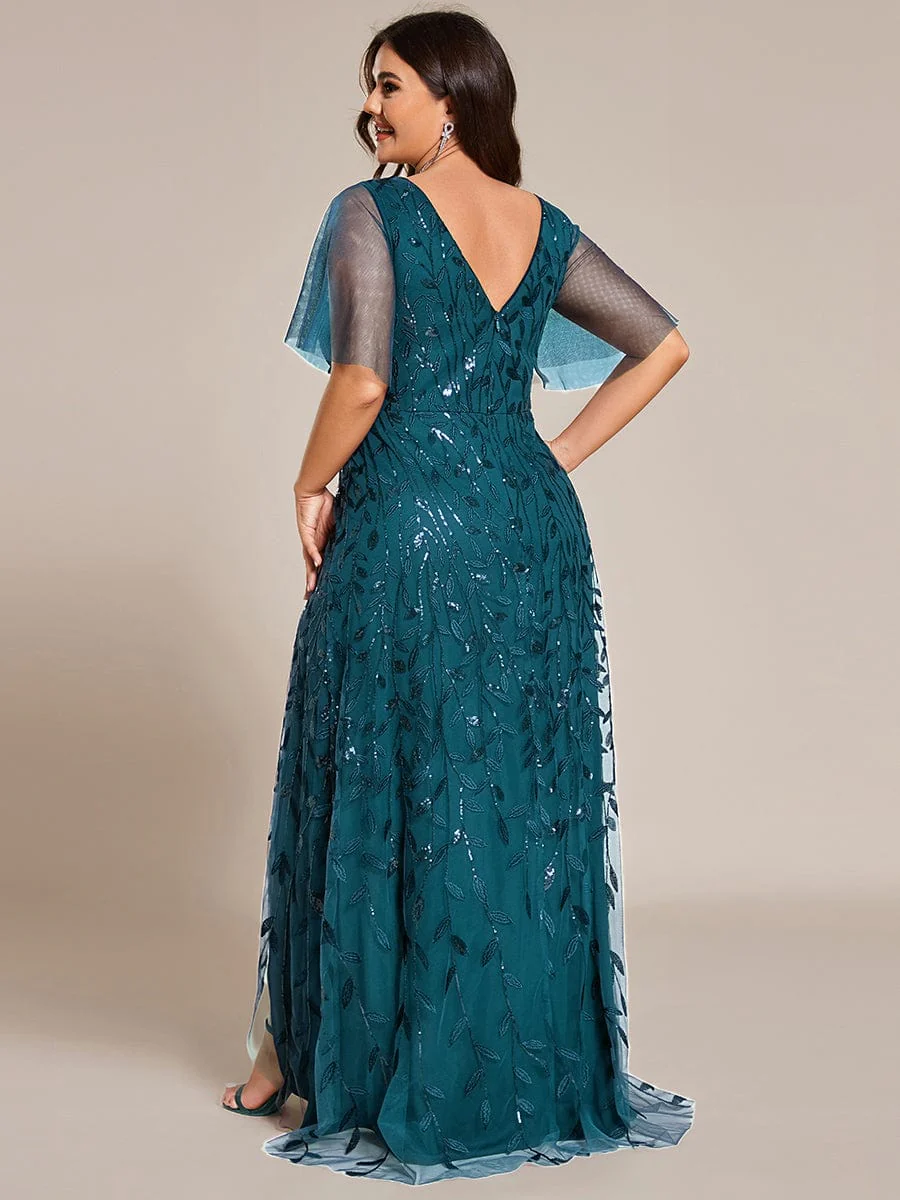 pretty ALIX|Plus Size V-Neck High Slit Sequined Evening Dresses - Image 37