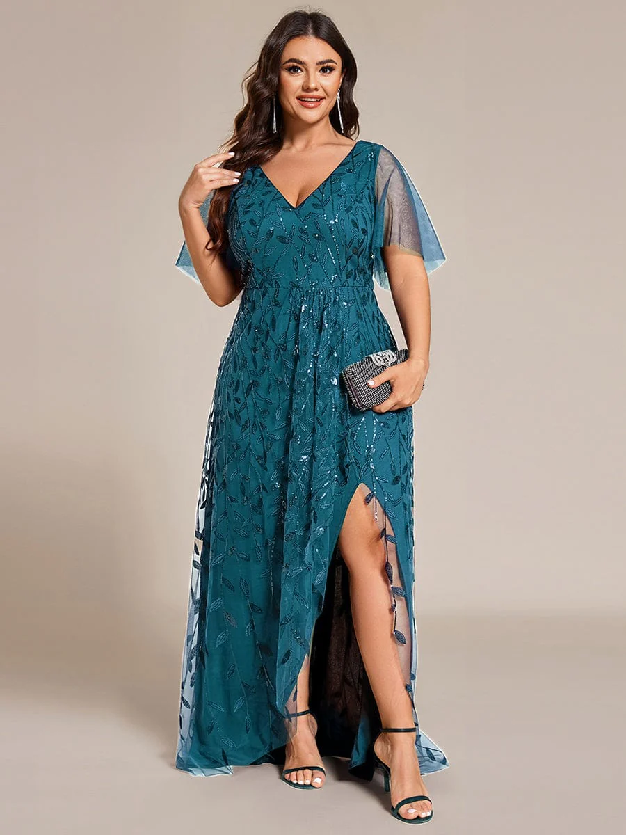 pretty ALIX|Plus Size V-Neck High Slit Sequined Evening Dresses - Image 36