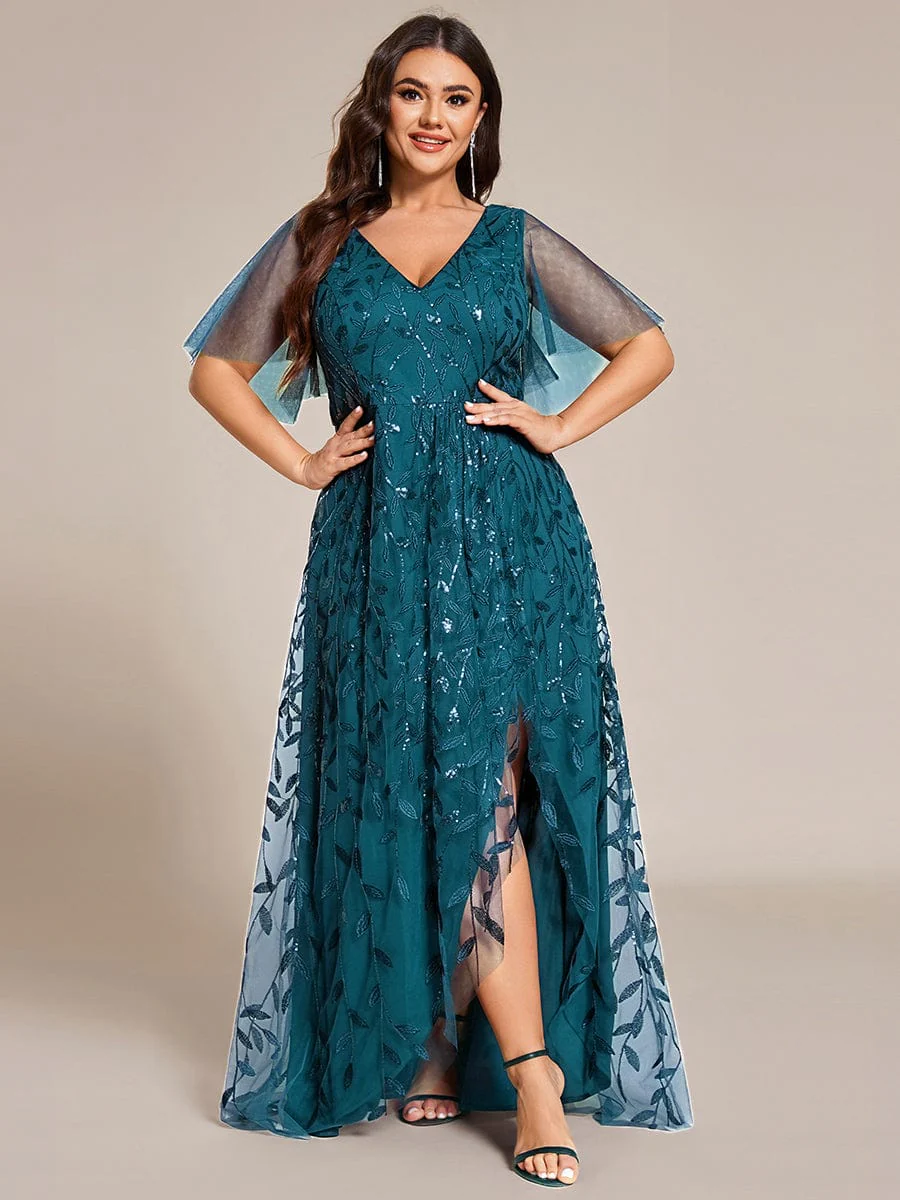 pretty ALIX|Plus Size V-Neck High Slit Sequined Evening Dresses - Image 39