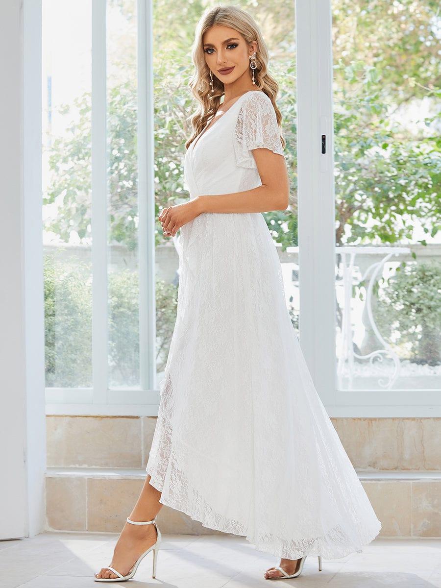 ever ELISE|V-Neck Short Sleeve Pleated Ruffled Lace Evening Dress - Image 17