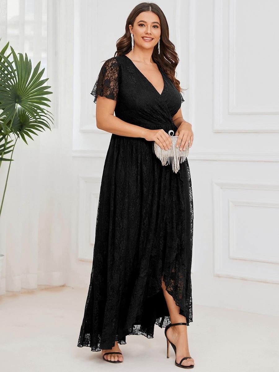 ever ELISE|V-Neck Short Sleeve Pleated Ruffled Lace Evening Dress - Image 36