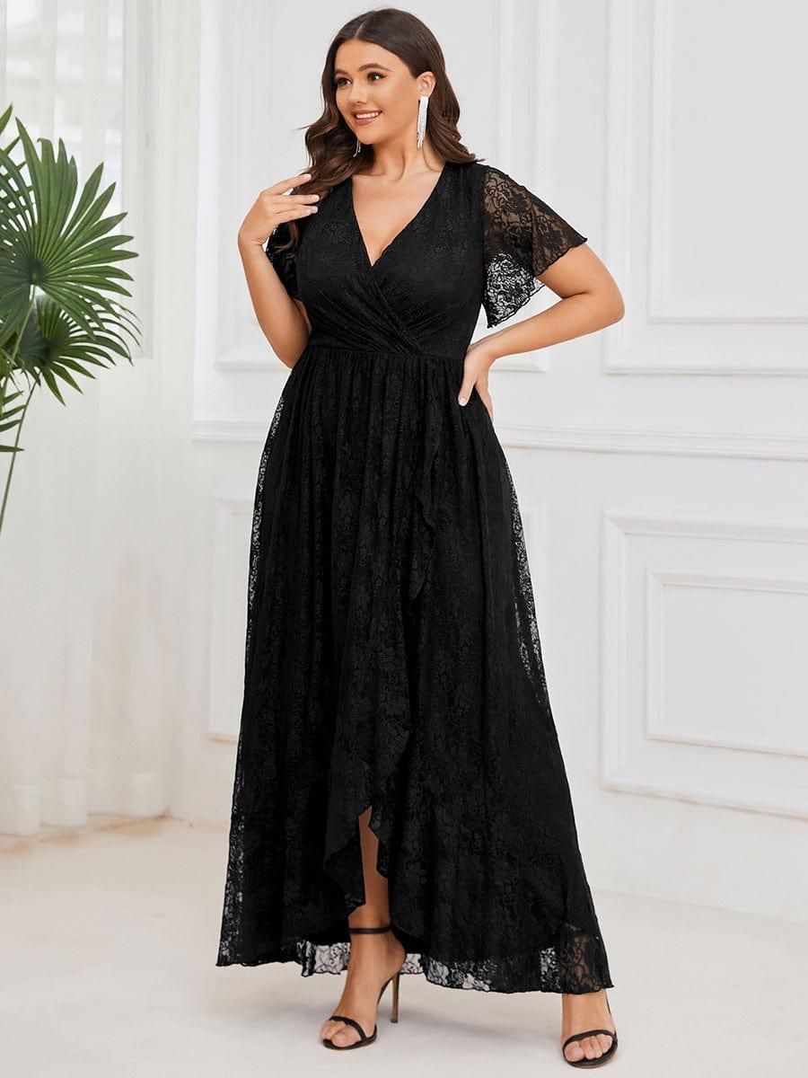 ever ELISE|V-Neck Short Sleeve Pleated Ruffled Lace Evening Dress - Image 37