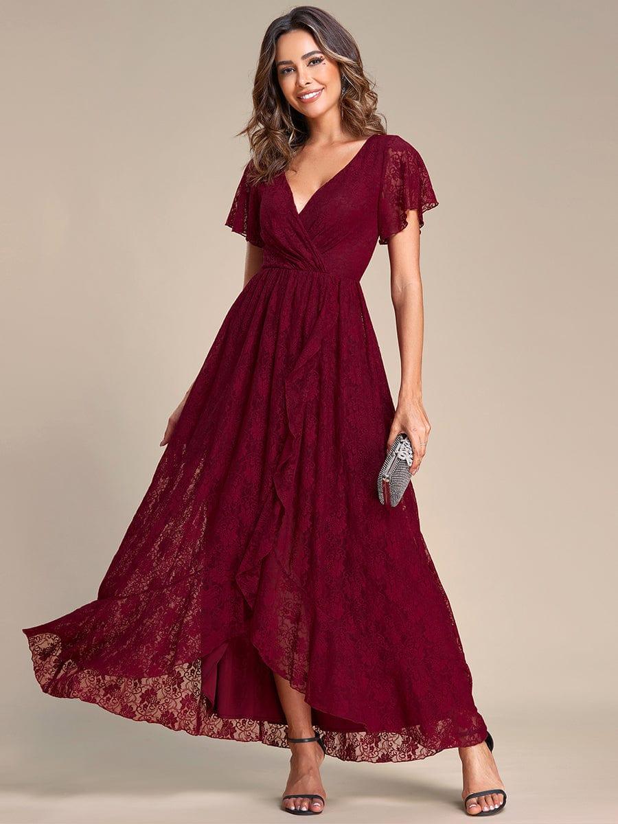 ever ELISE|V-Neck Short Sleeve Pleated Ruffled Lace Evening Dress - Image 5