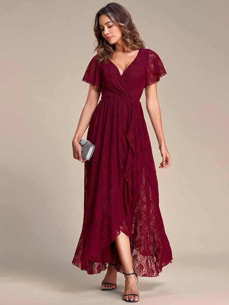 ever ELISE|V-Neck Short Sleeve Pleated Ruffled Lace Evening Dress - Image 59