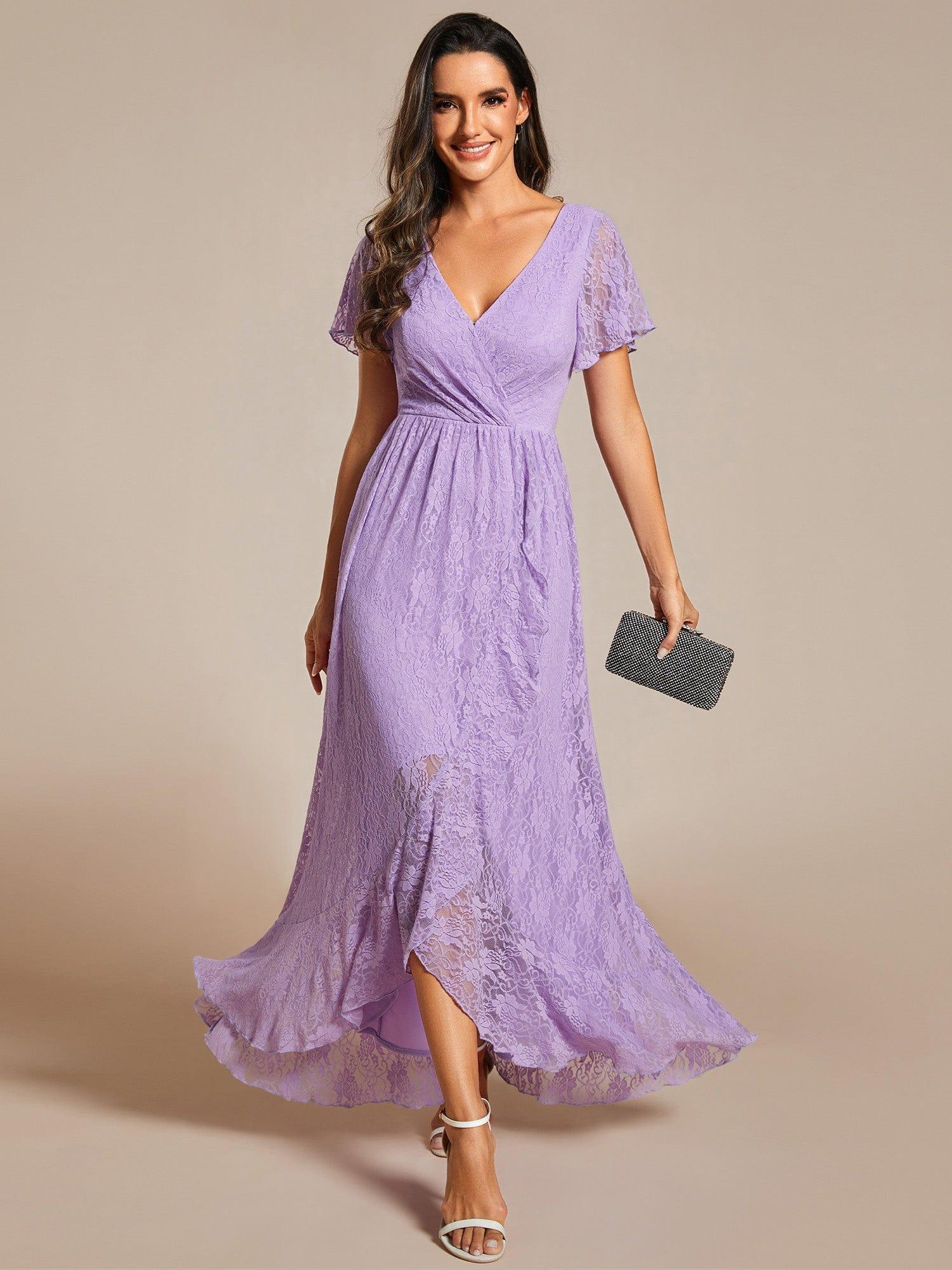 ever ELISE|V-Neck Short Sleeve Pleated Ruffled Lace Evening Dress - Image 84
