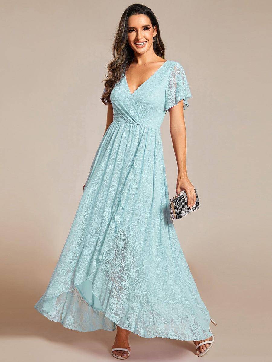 ever ELISE|V-Neck Short Sleeve Pleated Ruffled Lace Evening Dress - Image 97