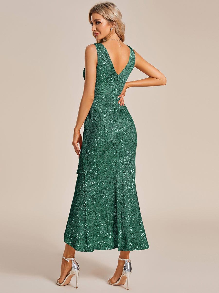 V Neck Sleeveless Asymmetrical Hem Sequins Evening Dress - Image 3
