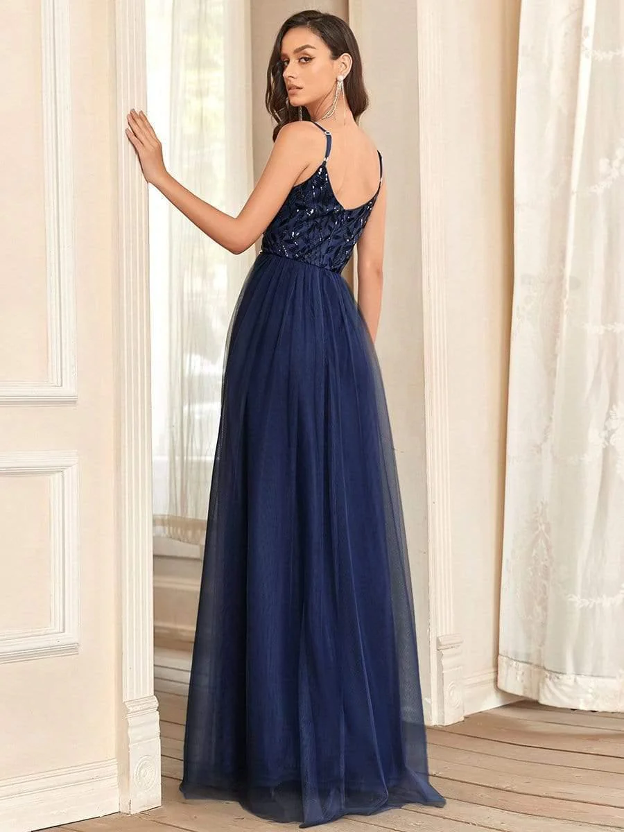 V Neck Spaghetti Strap Embroidered Floor Length Tulle Evening Dress(Final Sale) - Image 10