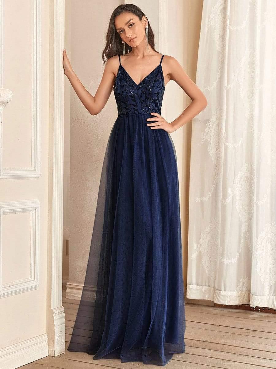 V Neck Spaghetti Strap Embroidered Floor Length Tulle Evening Dress(Final Sale) - Image 13