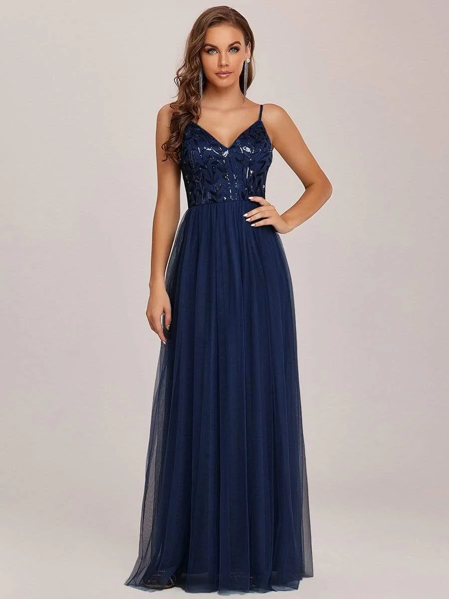 V Neck Spaghetti Strap Embroidered Floor Length Tulle Evening Dress(Final Sale) - Image 14