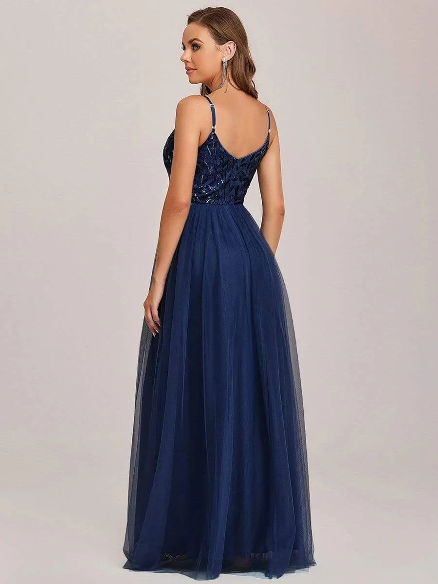 V Neck Spaghetti Strap Embroidered Floor Length Tulle Evening Dress(Final Sale) - Image 15