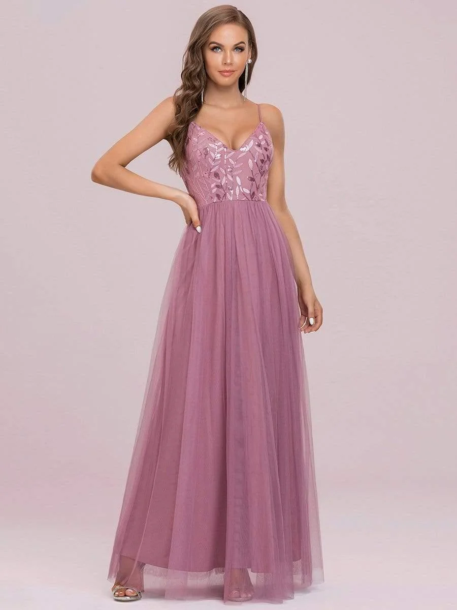 V Neck Spaghetti Strap Embroidered Floor Length Tulle Evening Dress(Final Sale) - Image 23