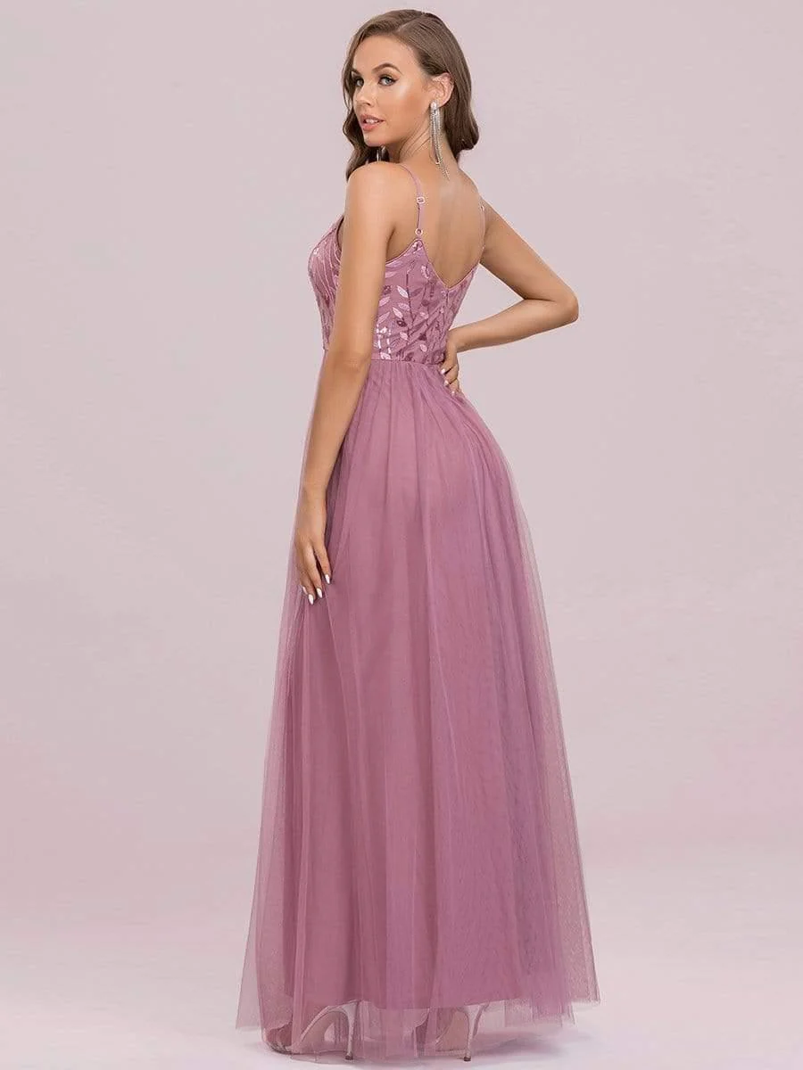 V Neck Spaghetti Strap Embroidered Floor Length Tulle Evening Dress(Final Sale) - Image 24